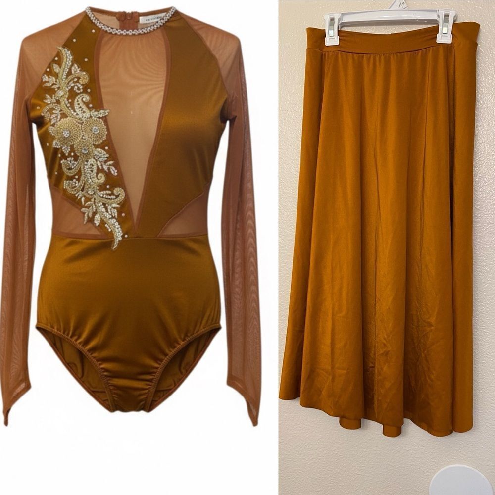 Kelle dance solo costume 2 piece Orange bronze leotard illusion LA-Large adult